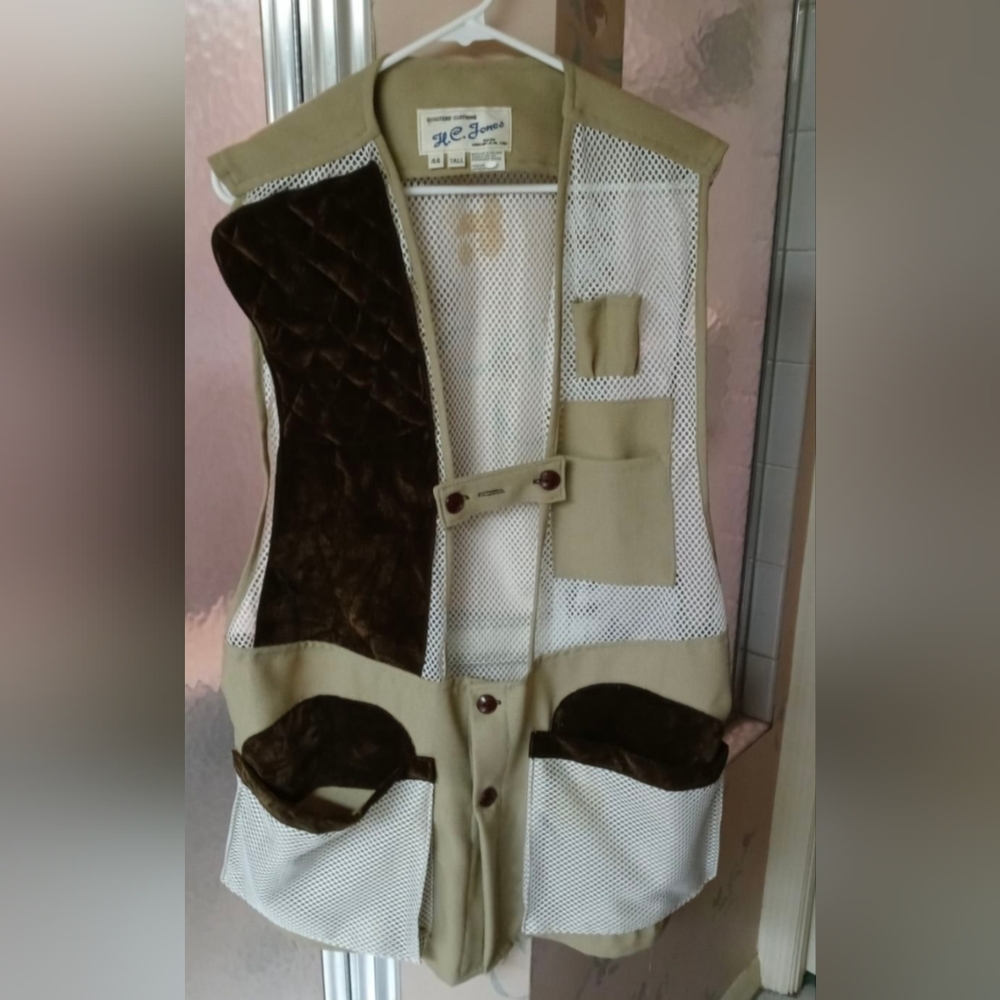 Men's 44 Tall Vintage Shooting Vest Mesh Quilted Khaki White Brown